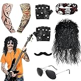 Disfraz Rockero, Punk Gothic Rocker Kit, Disfraces de Rock Accesorios con Peluca Negra Gafas de Sol Mangas de Tatuaje Cubre Bandana Guantes de Punk Barba para Hombres Adulto Fiesta Del Año 70 80 90