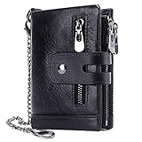 Cartera Hombre Monedero de Cuero con RFID Bloqueo Billetera Piel Hombre y Monedero con Cremallera, Billeteras Bifold Hombres 16 Ranuras para Tarjetas Carteras para Hombre con Cadena (Negro)