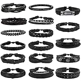 MILACOLATO 17 Uds Pulsera Hombre, Pulsera Cuero Mujer/Hombre Pulsera De Cuero Trenzado para Hombres y Mujeres Pulsera De Cuero Brazalete Punk Pulseras Accesorios Joyería para Hombre Negro