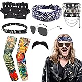 10 Piezas Disfraces de Rock Accesorios, Punk Gótico Costume Kit con Bandana Mangas de Tatuaje Guantes Pulsera Gafas Bigote Gargantilla Anillos para Hombre Mujer 70 80 90 Carnaval Party