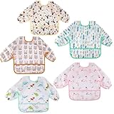 Lictin 5 Pcs Babero con Mangas Impermeable- Babero de Manga Larga con Escote Ajustable para Bebes Unisex (0-24 meses) - Multicolor