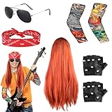 Disfraz Rockero, Punk Gothic Rocker Kit, Disfraces de Rock Accesorios con Peluca Roja Gafas de Sol Mangas de Tatuaje Cubre Bandana Guantes de Punk para Mujeres Hombres Adulto Fiesta Del Año 70 80 90