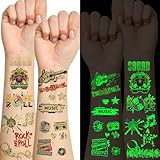 Qpout 18 Hojas Brilla En La Oscuridad Música Rock Band Star Tatuajes Temporales,Guitarra Luminosa Rock and Roll Tatuajes Falsos Pegatinas para los 90 Decoraciones Temáticas de la Fiesta