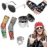 8 Paquetes Disfraces de Rocker 70 80 90 Costumes Disfraz Hippies,Rockero Metal Pesado Accesorios con Guantes Gafas de Sol Mangas de Tatuaje Pulsera Cosplay