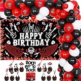 Decoraciones de cumpleaños Rock and Roll, telón de fondo de feliz cumpleaños con música, globos rojos, negros y blancos, arco de arco de pastel de roca para fiesta temática de rock