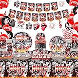 Decoraciones de fiesta de rock and roll, incluyendo pancarta de feliz cumpleaños, plato, servilletas, mantel, remolinos colgantes, adornos para pasteles, globos, manteles, para suministros de fiesta