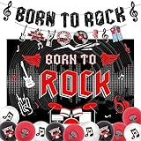 Sursurprise Decoración de fiesta de rock and roll, telón de fondo Born to Rock, globos de guirnalda de globos de los años 50, música, estrella de rock, suministros de fiesta de cumpleaños