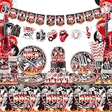 Ywediim Decoraciones de fiesta de rock and roll, incluyendo pancarta de Born to Rock, plato, servilletas, mantel, remolinos colgantes, adornos para pasteles, globos, manteles, suministros para fiestas